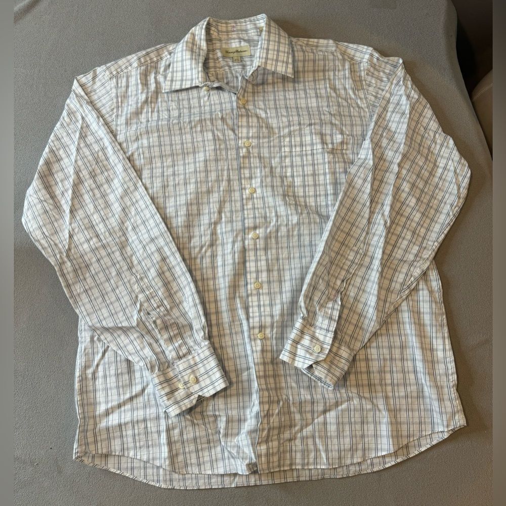 Tommy Bahama White with Blue Plaid Button Front Dress Shirt 16.5 36-37